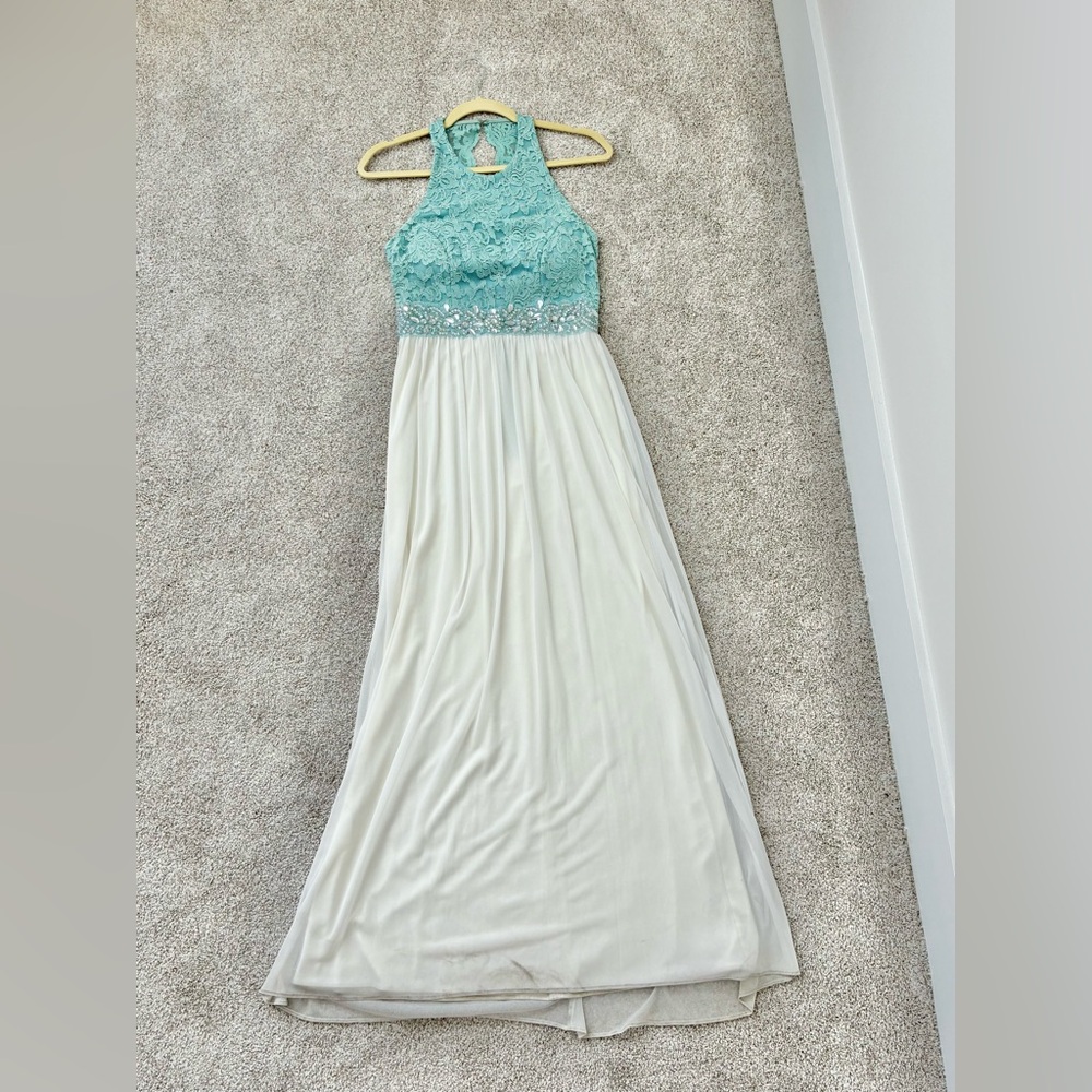 Jodi Kristopher Turquoise Lace Halter Formal Gown | Beaded Waist | Size Small